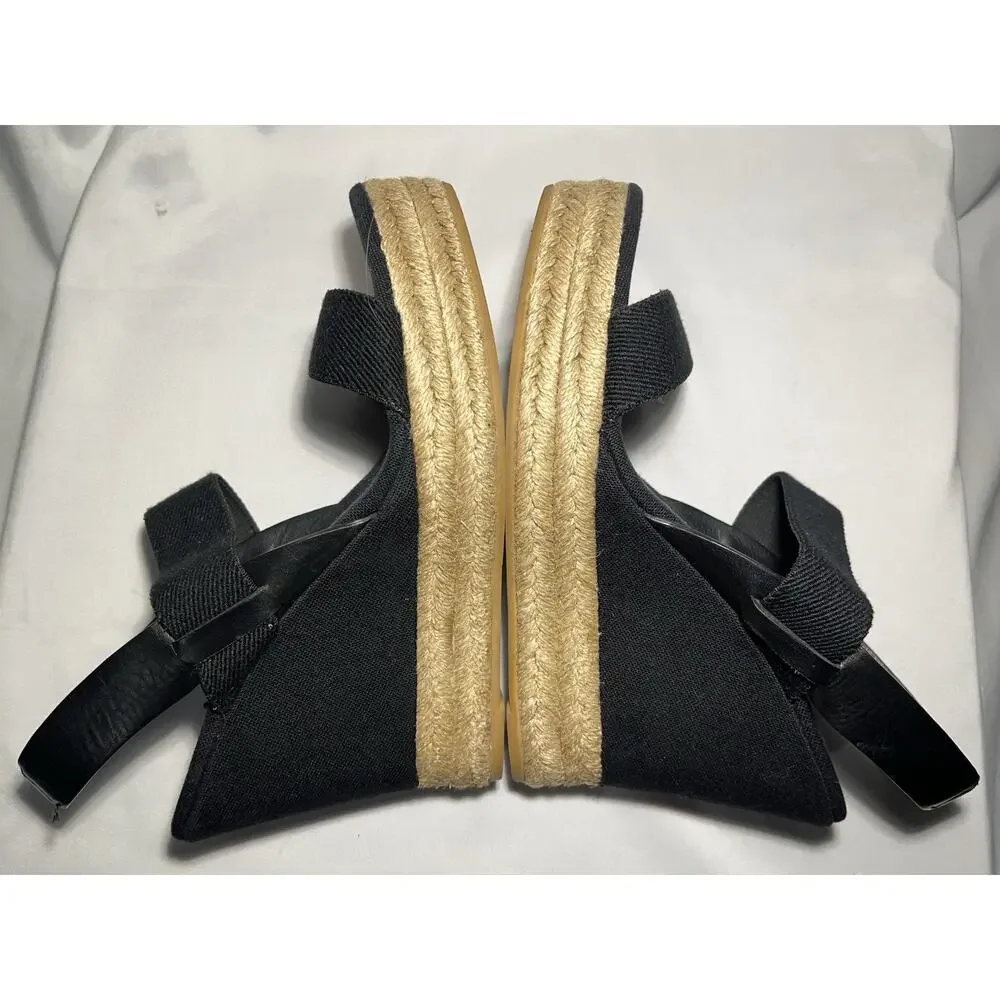 TORY BURCH Sandals 8.5 Wedge Espadrille Black Two Band Platform 4.5